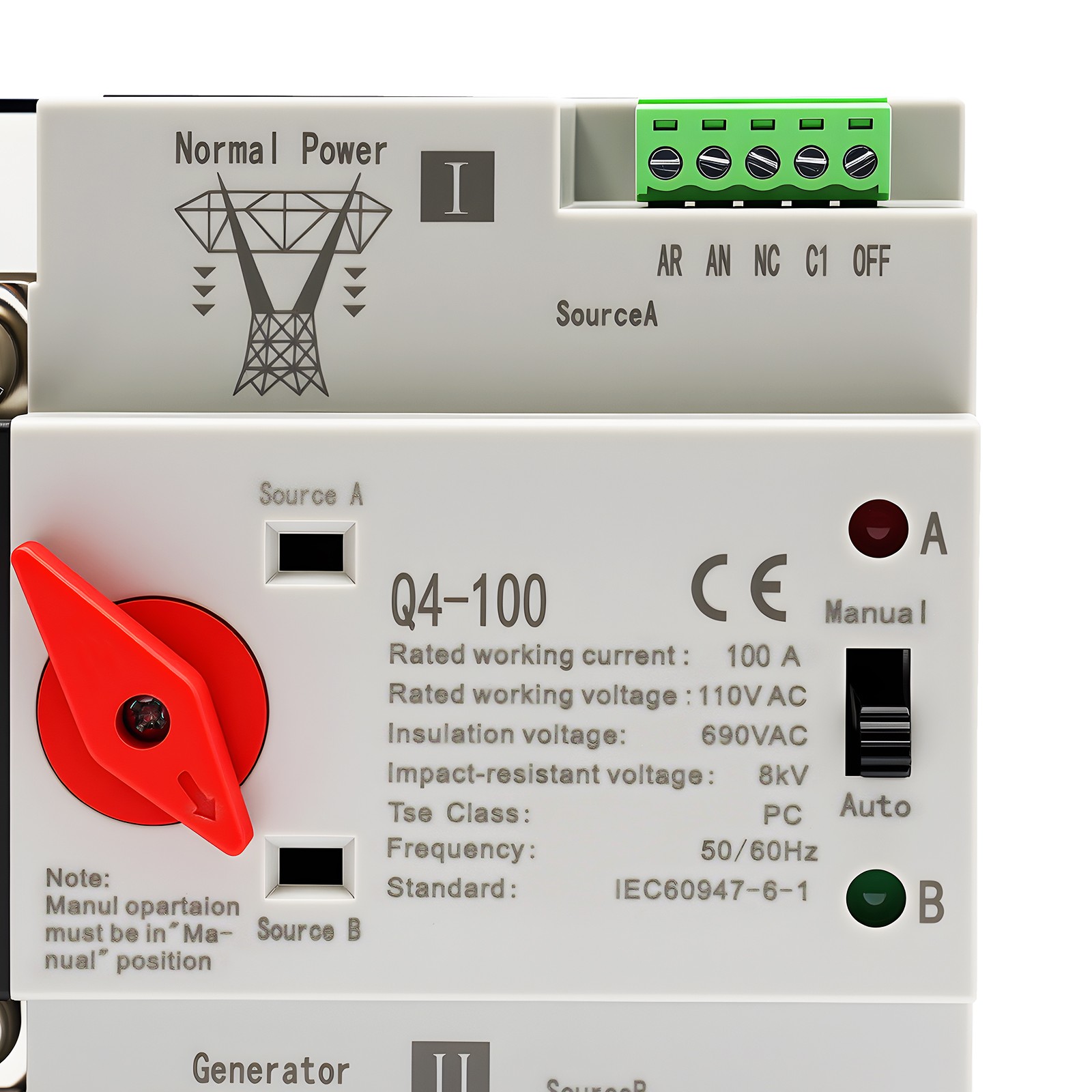 Automatic Transfer Switch 2P 100A Generator Changeover Switch Dual-Power NEW!