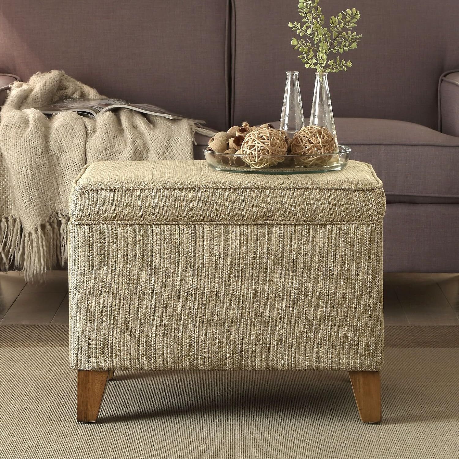 Homepop Home Decor | Medium Square Storage Ottoman with Hinged Cream Woven