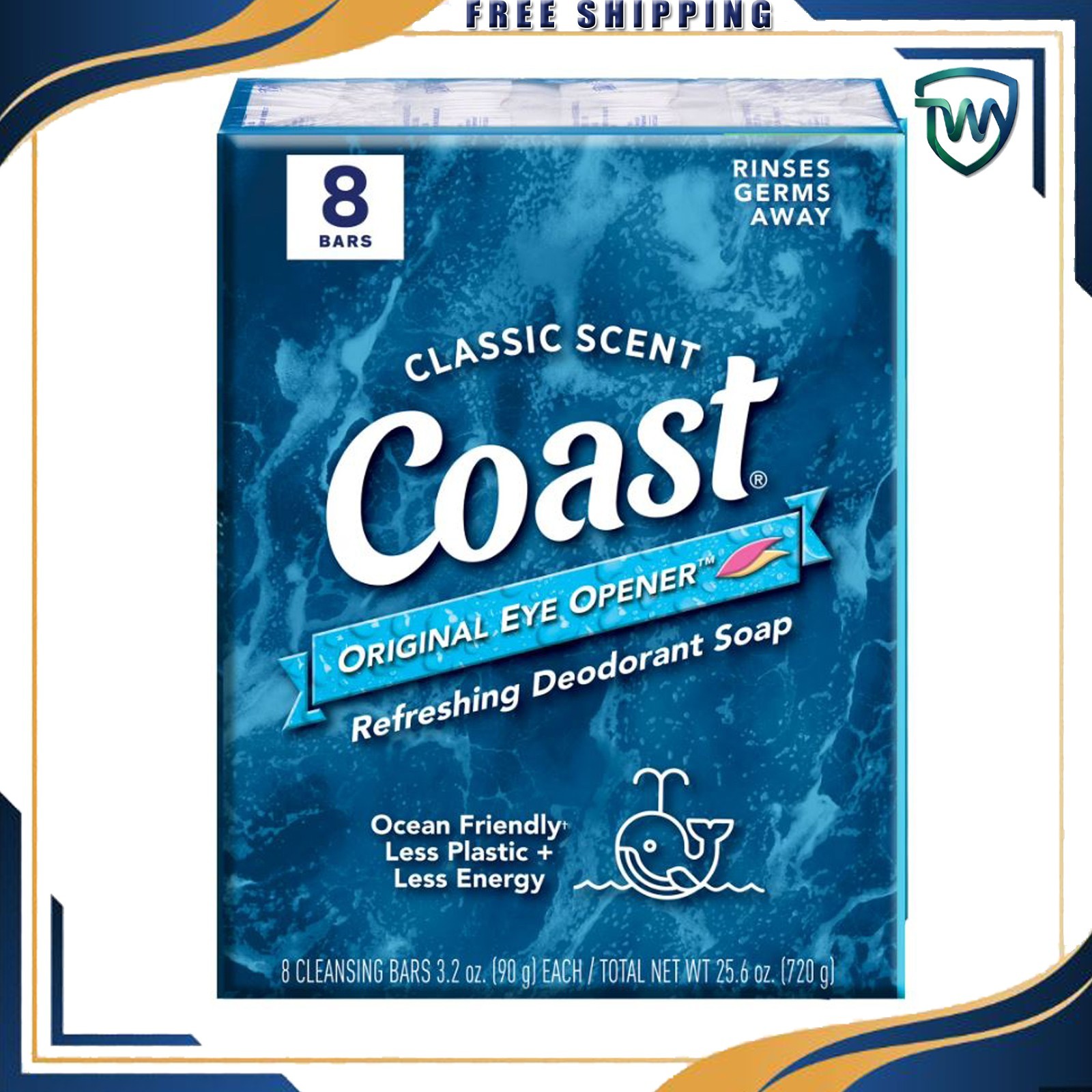Coast Refreshing Deodorant Bar Soap, for All Skin Types, Classic Scent, 3.2 oz,