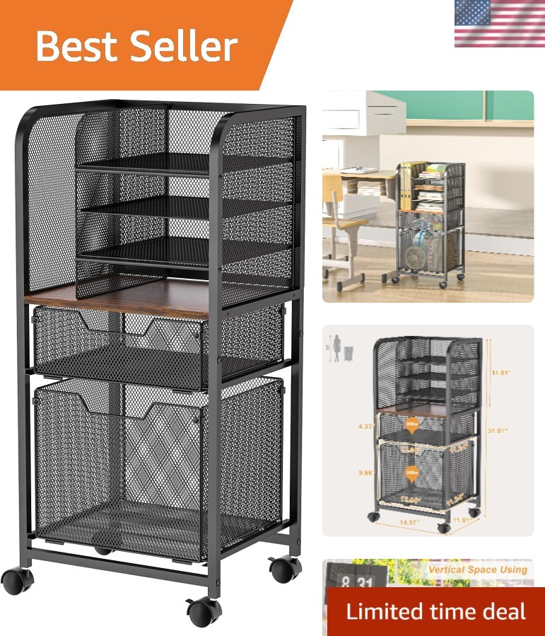 Compact 6-Tier Rolling File Cart - Elegant Black Organizer for Office Essentials