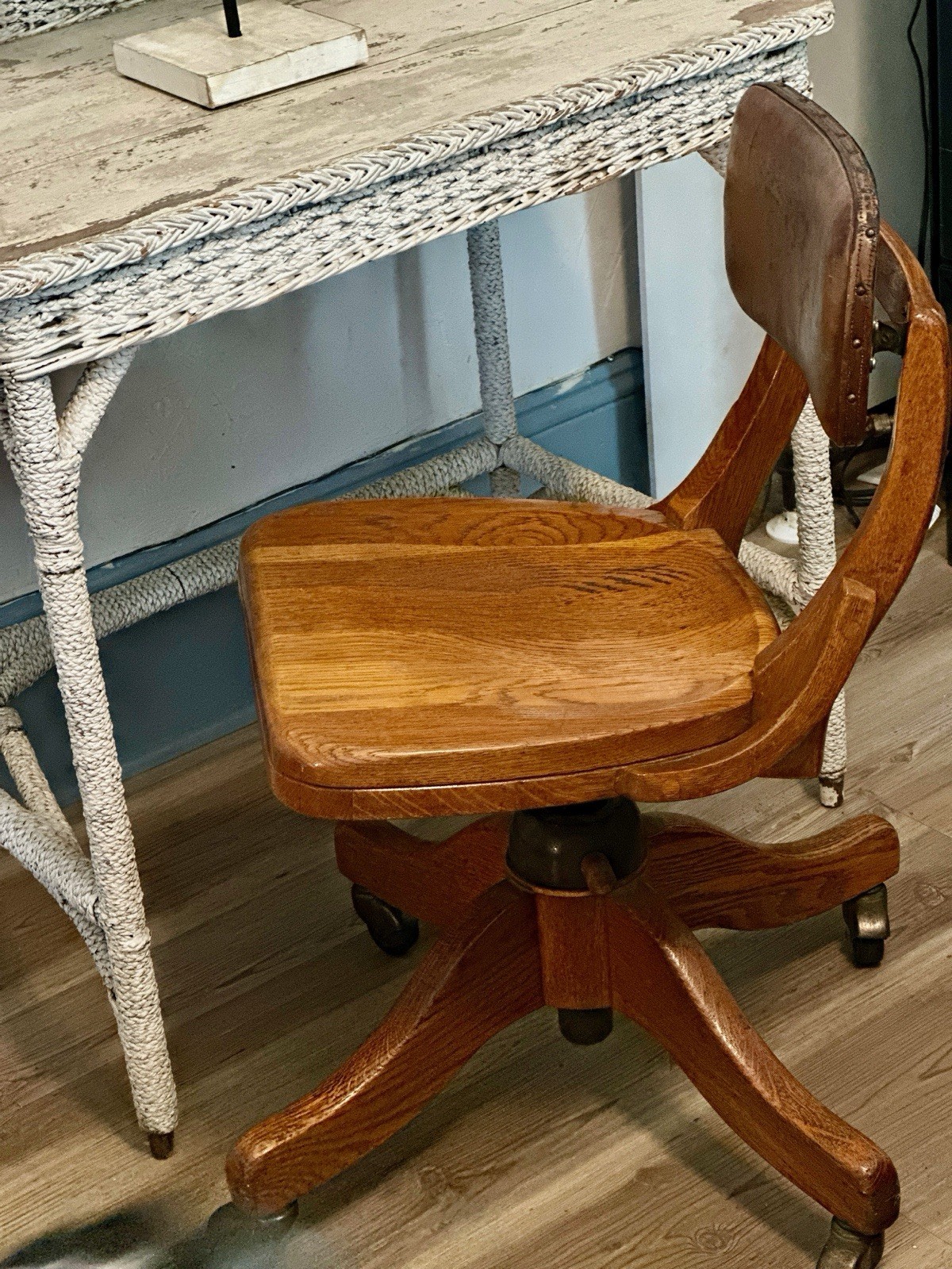 B.L. Marble Co. Antique Golden Oak, Leather Back, Swivel Chair