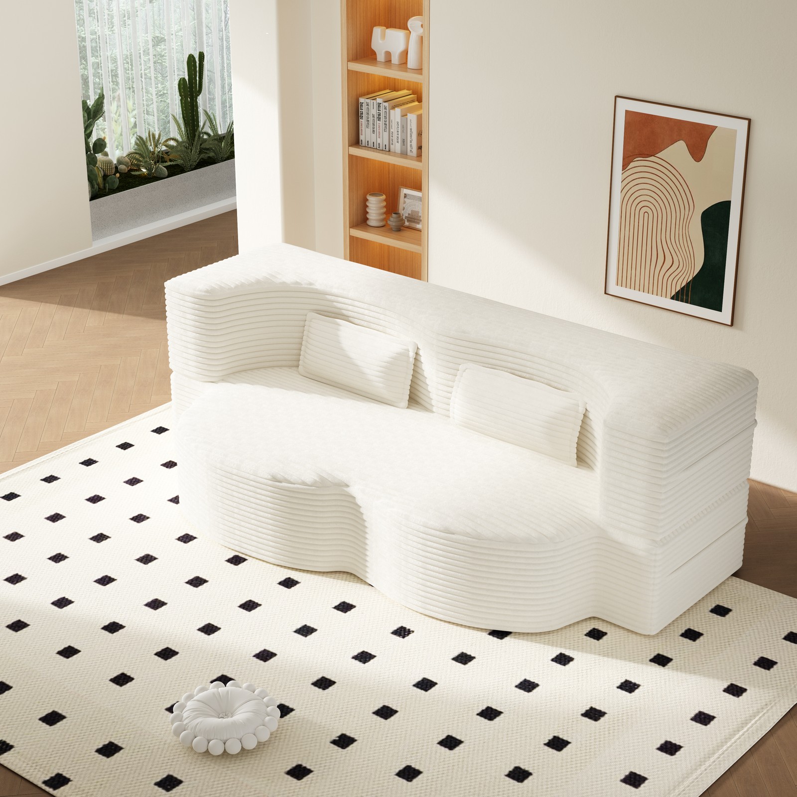 Modern Floor Sofa with 2 Pillows,Convertible Corduroy Fabric Foam-Filled
