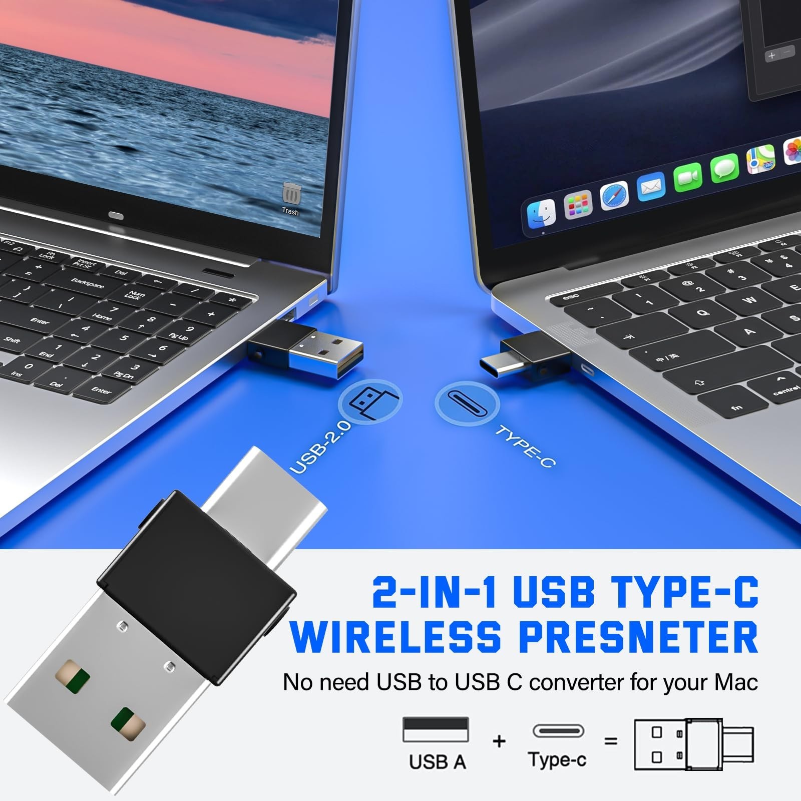 2-in-1 Wireless USB Type C Presentation Clicker Remote for PowerPoint Slides Adv