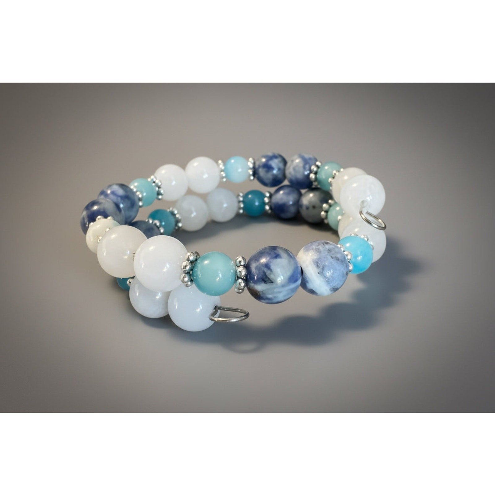 White Jade, Blue/White Jade and Sodalite Handmade Memory Wire Wrap Bracelet