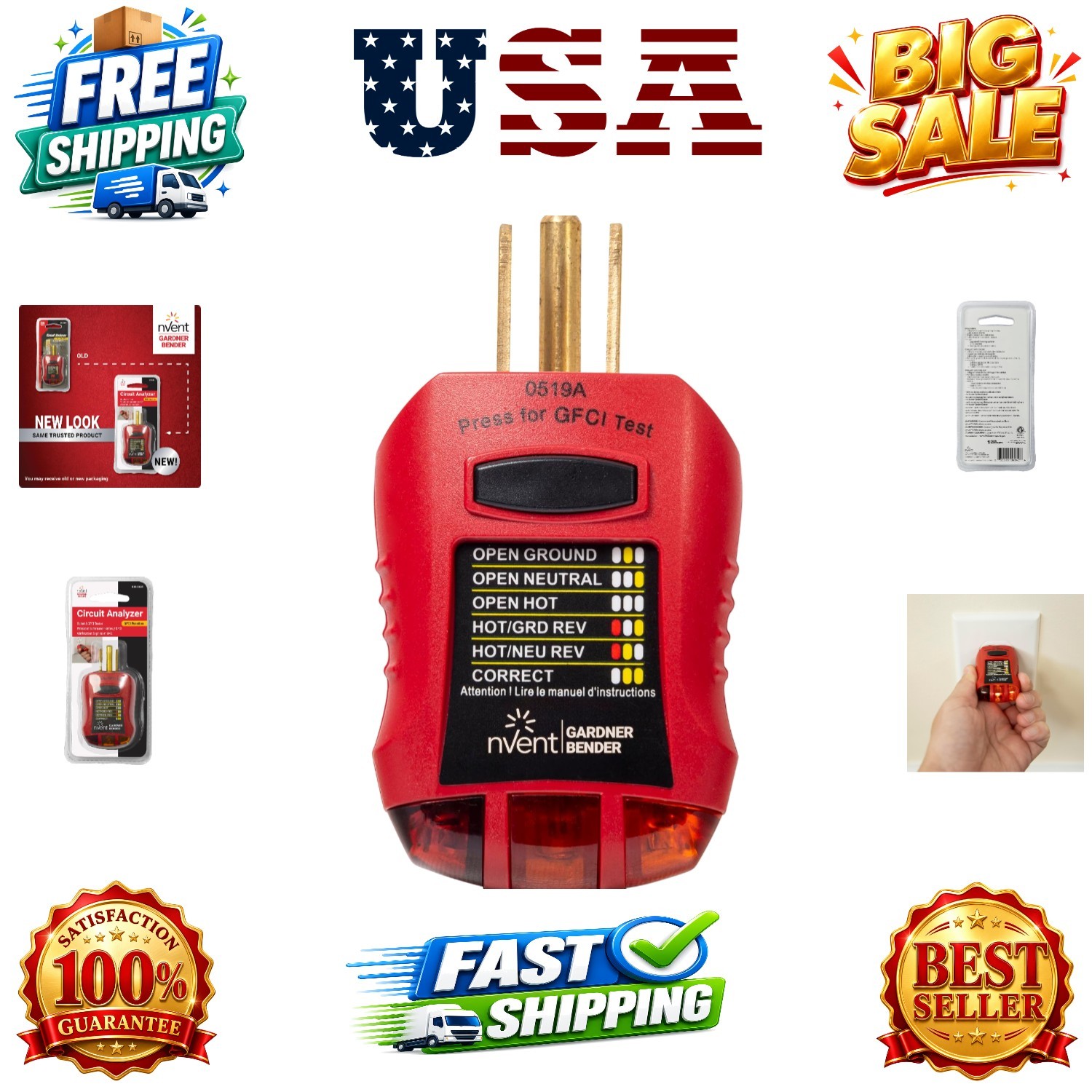 Ground Fault Receptacle Tester & Circuit Analyzer, 110-125V AC, for GFCI / St...