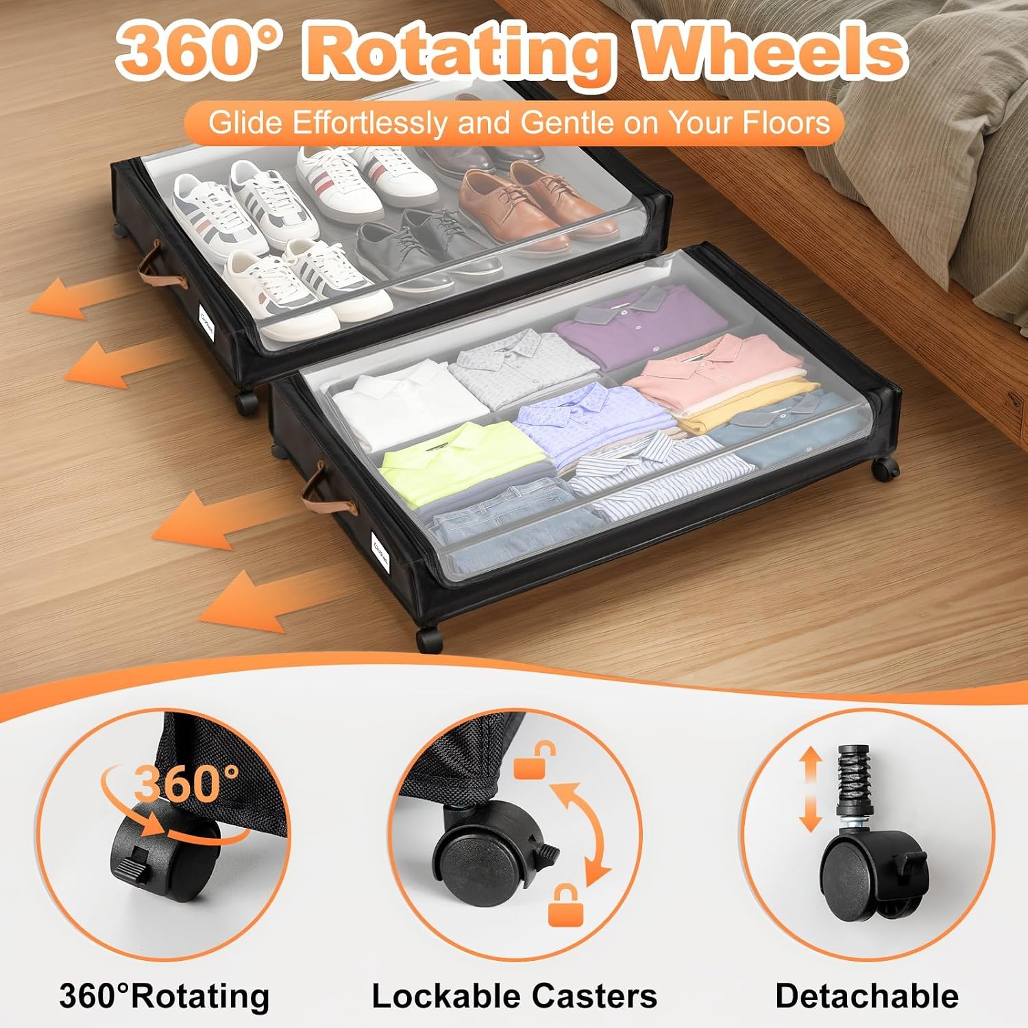 80L 2-Pack Under Bed Storage w/Wheels, Clear Lid, Black
