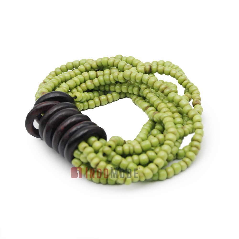 WOMENâS BALI BRACELET Parrot Green 10-Strand 2-3mm Glass Beads Elastic