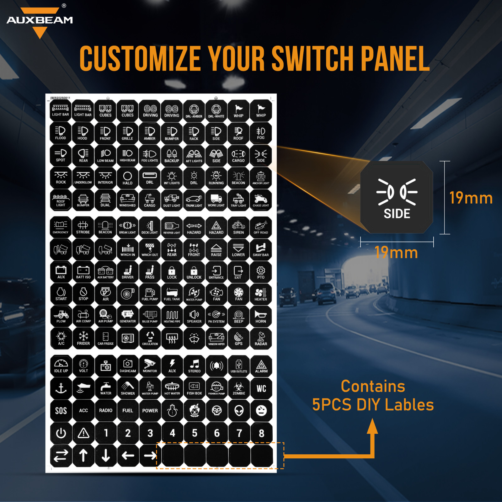 160pcs Auxbeam AS Series Switch Panel Stickers Label For 4/6/8 Gang Switch Panel