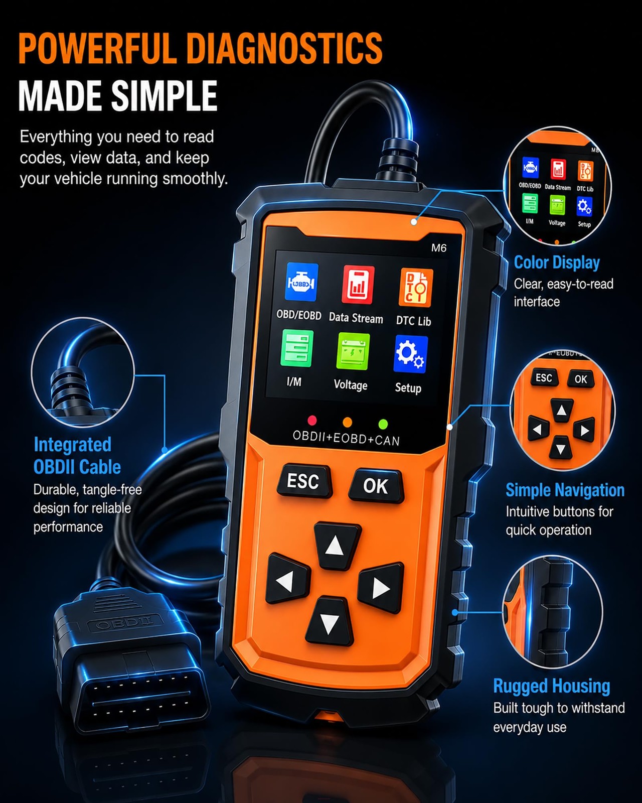 Vecooneen OBD2 Scanner M6,Car OBDII Diagnostic Code Reader,with Orange