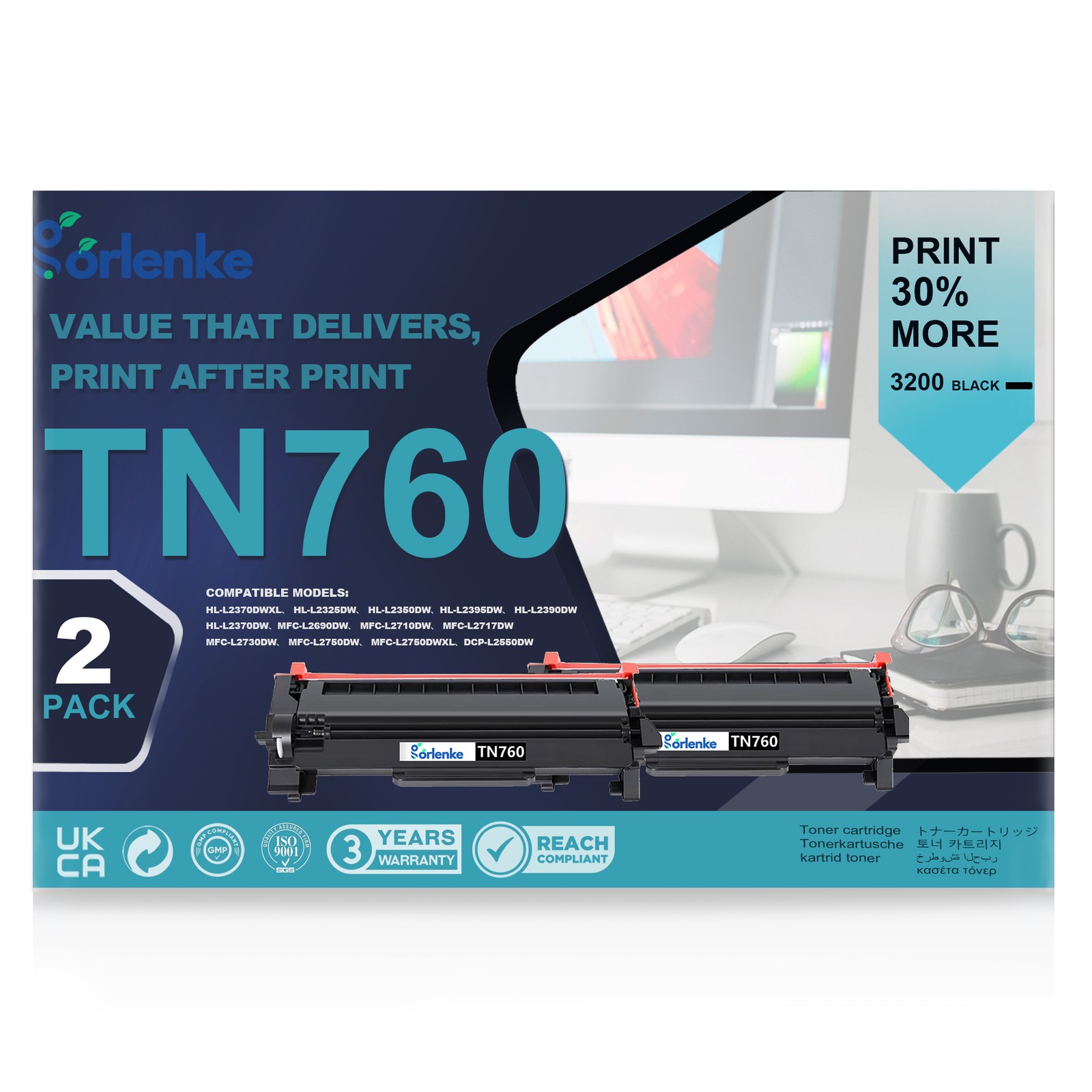 2PK TN-760 TN760 For Brother Toner Cartridge MFC-L2690DW DCP-L2550DW HL-L2325DW