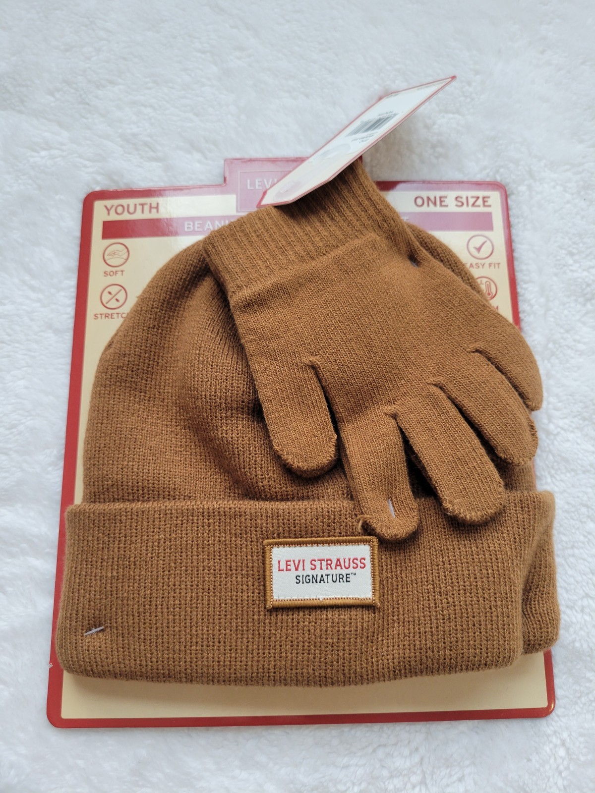 youth 2 Piece Set levi signature Beanie and Gloves Set Brown One Size NWT