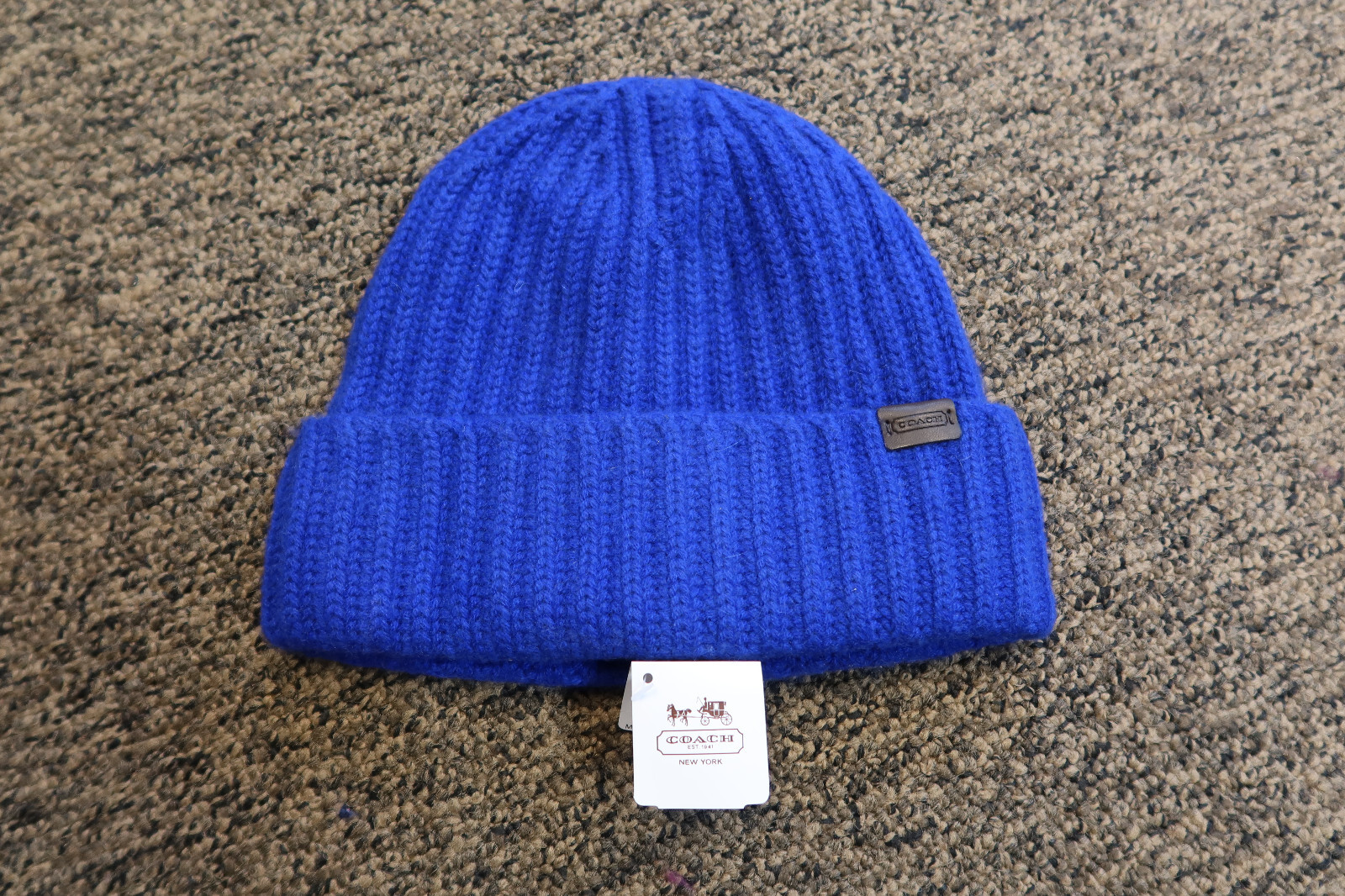 New Coach 100% Cashmere Solid Rib Knit Beanie Hat - One Size - COBALT