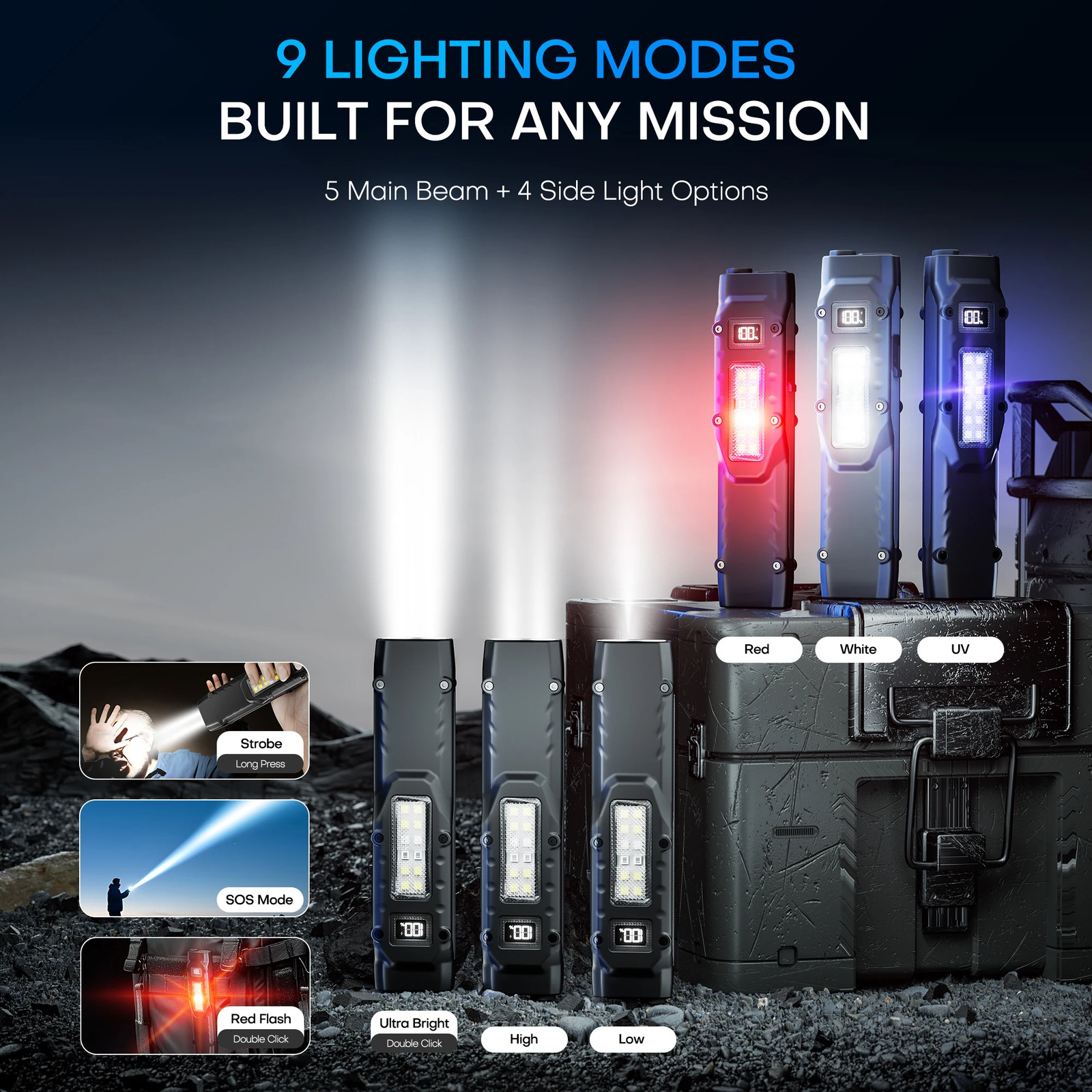 PASIION 1500 Lumen LED Tactical Flashlight Rechargeable Digital Display EDC