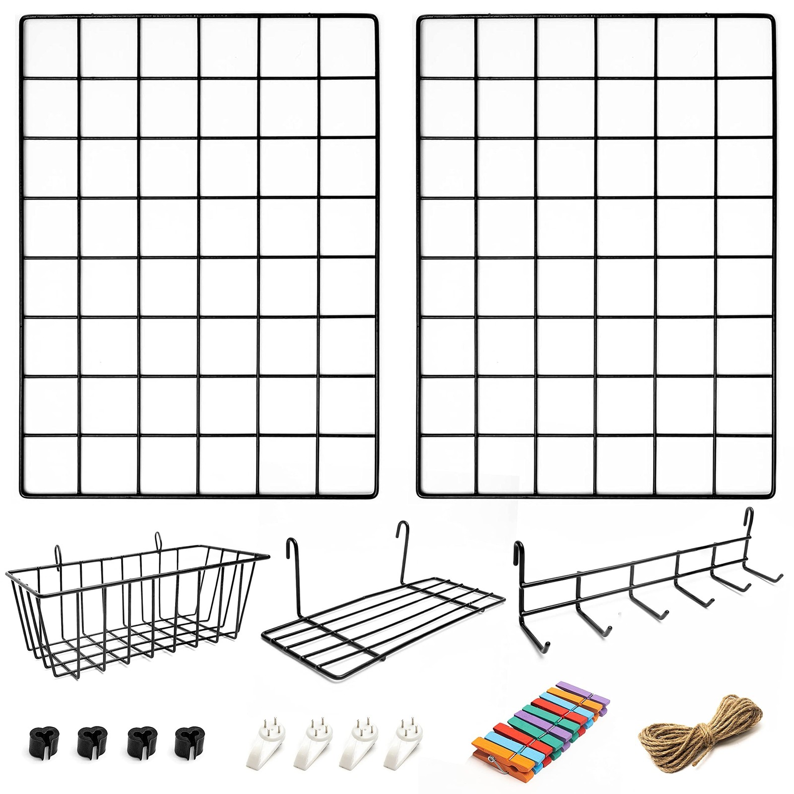 2 Pack Wire Wall Grid Panel With Accessories | Includes Hanging Basket, Shelf...