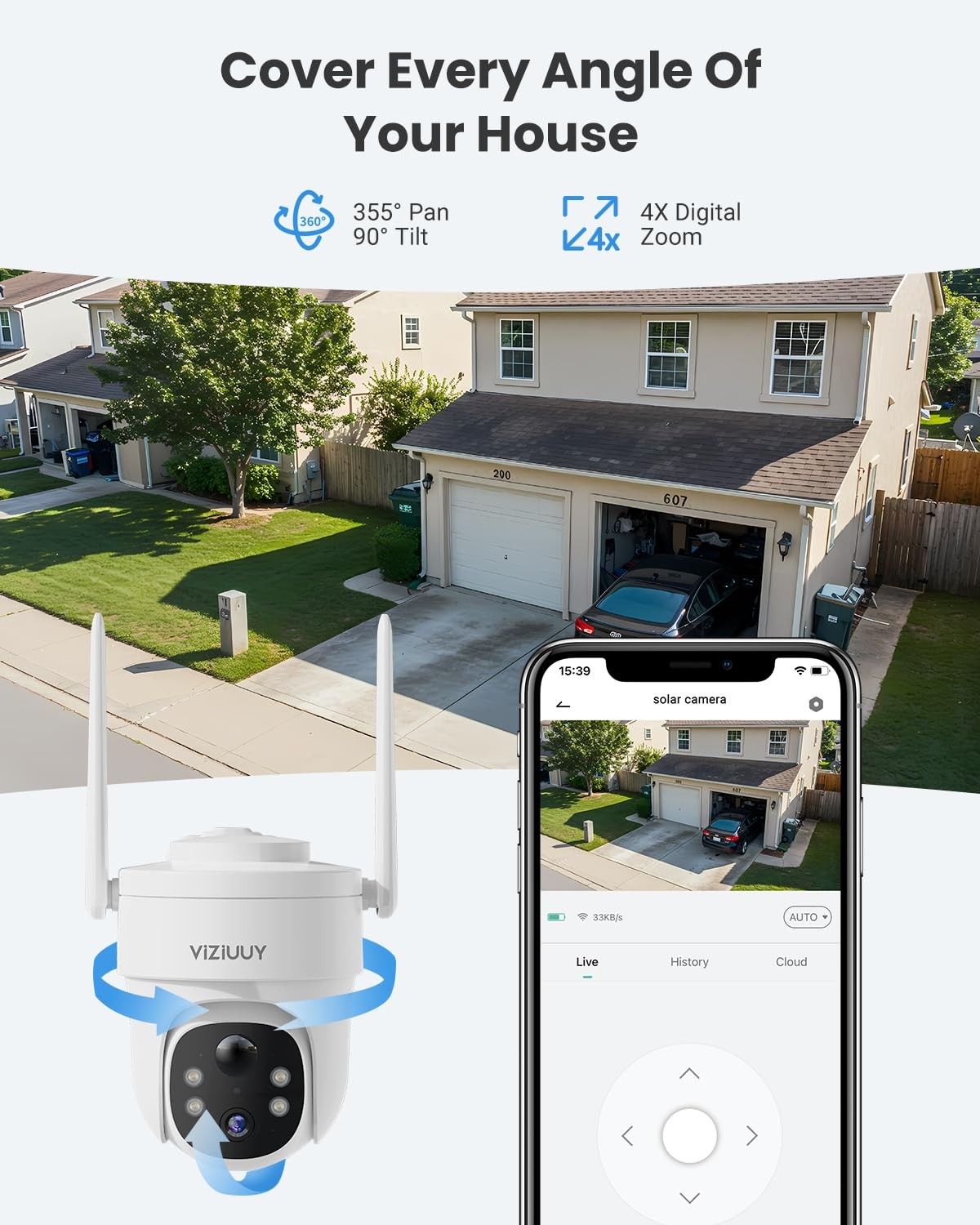 VIZIUUY 3MP Solar Security Cameras Wireless Outdoor, 3MP-1PK, White - Cam