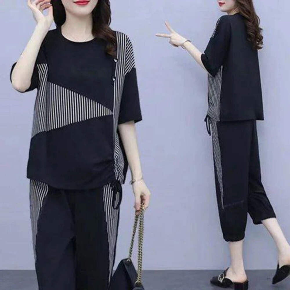 Summer New Style Women's Sporty Casual Short Sleeve TT Shirt Set Large Size Two-