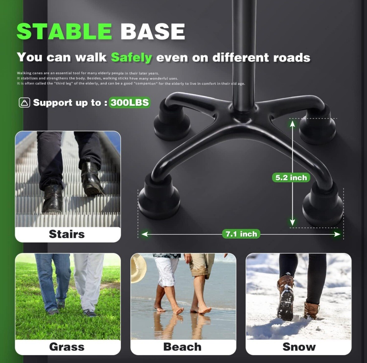 BigAlex Quad Cane Adjustable Lightweight Walking Cane Flexible-LED Handle
