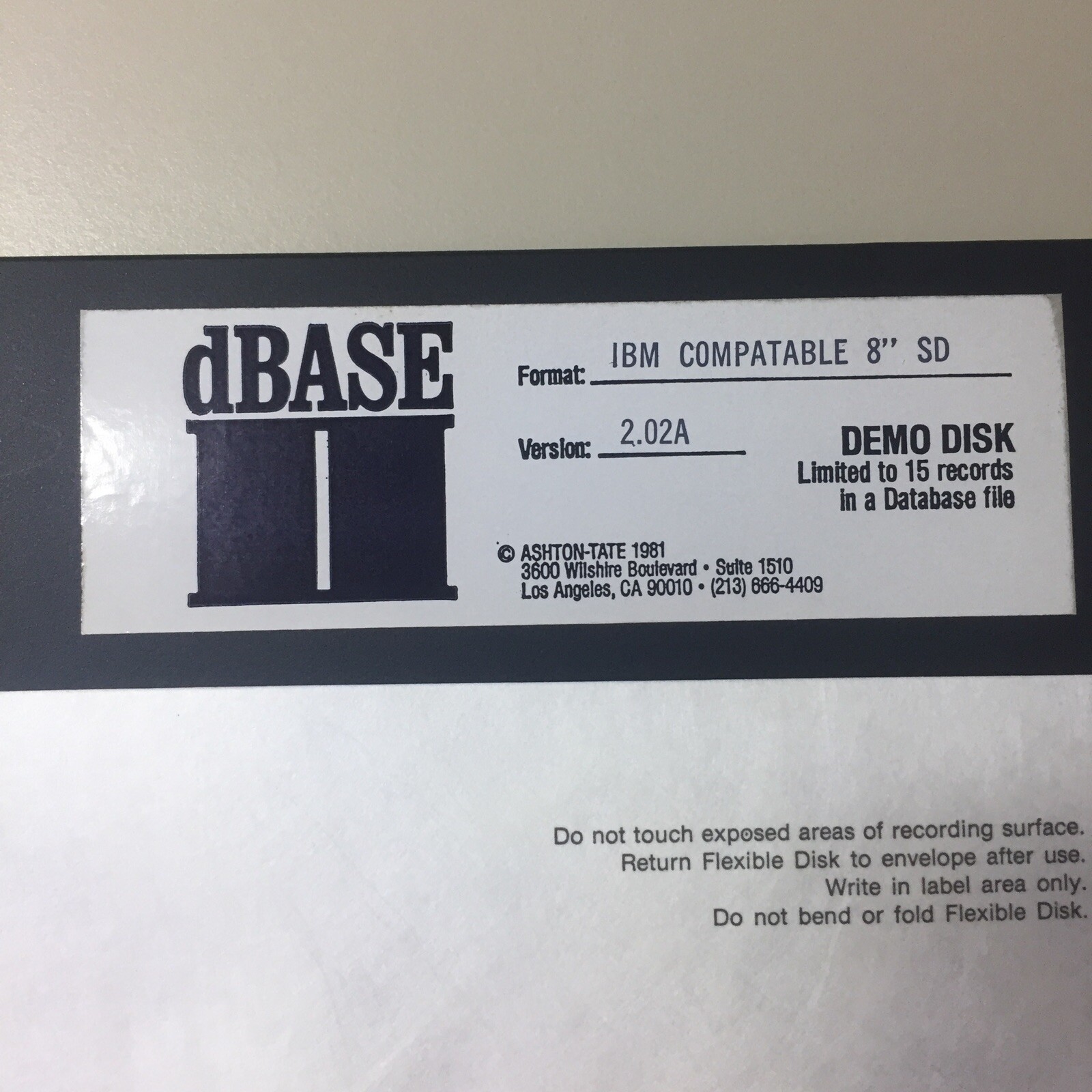 Vintage 1981 dBASE II 2.02A IBM Compatable SD 8” DEMO Floppy Disk VHTF