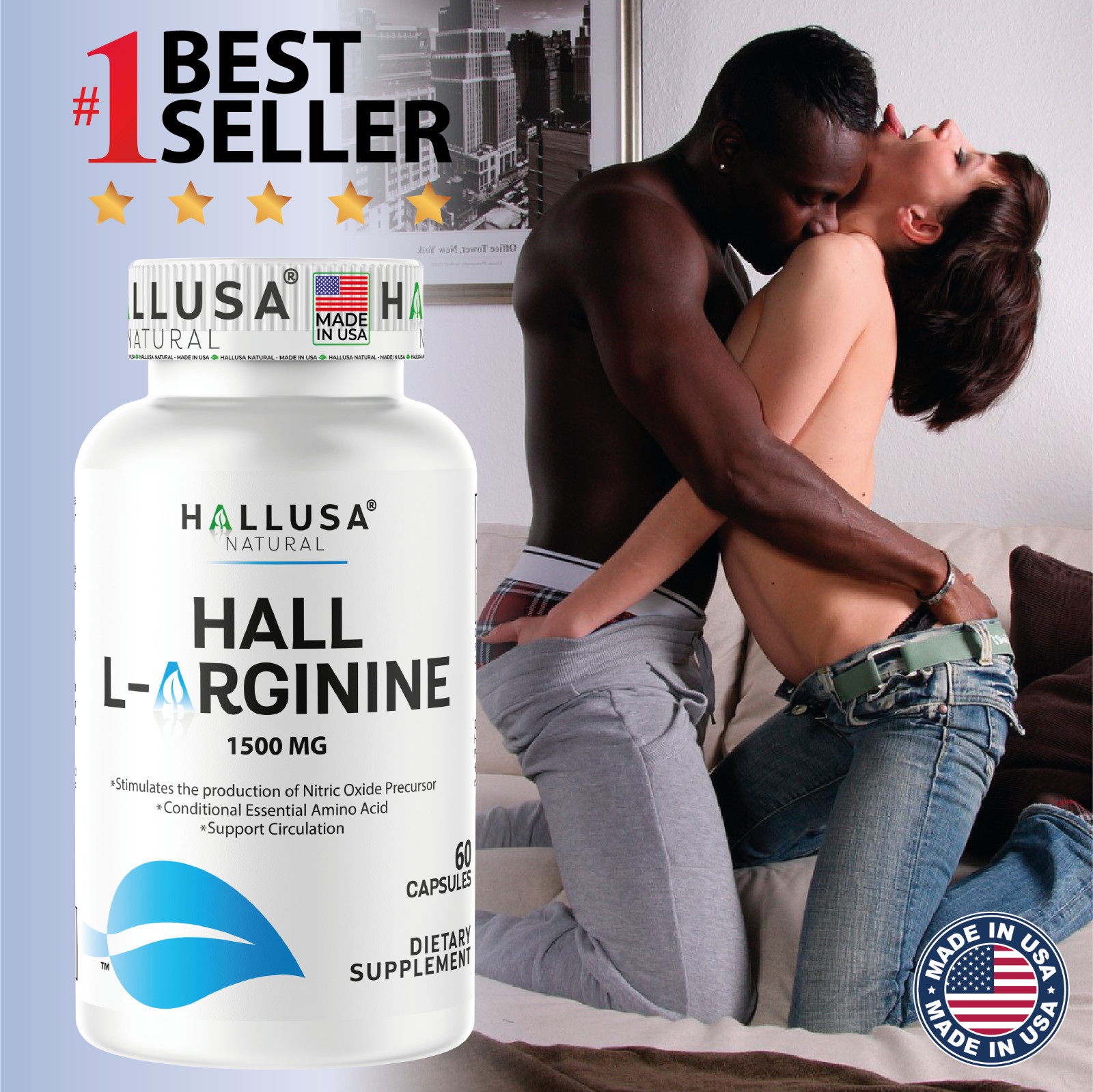 Hallusa Natural L-Arginine 1500mg capsules - Nitric Oxide Support - 60 Count