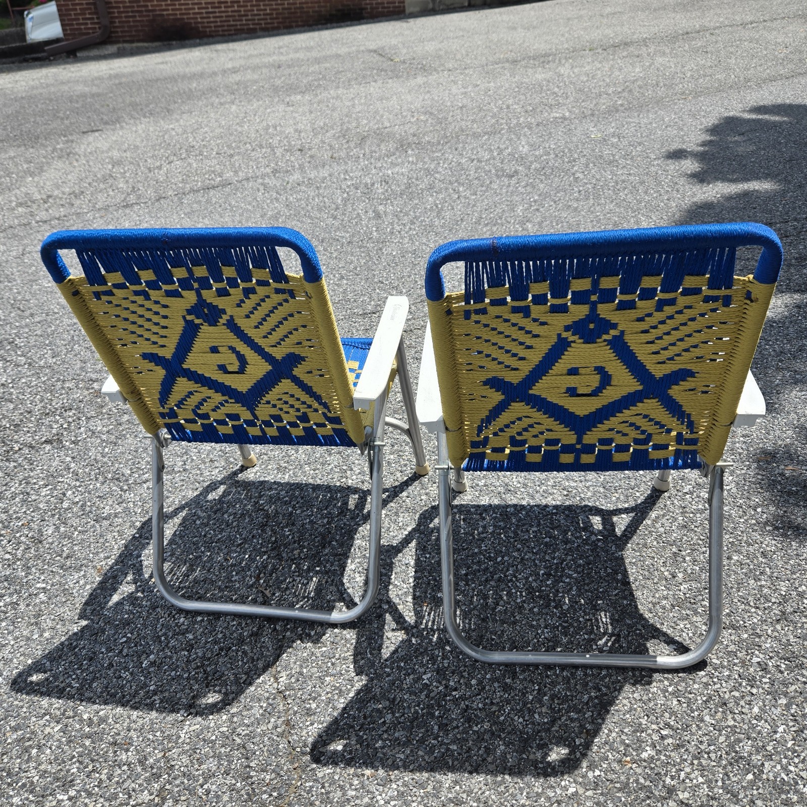 Masonic Folding Chairs Pair Macrame Blue Gold Aluminum Frame Vintage Lawn Patio