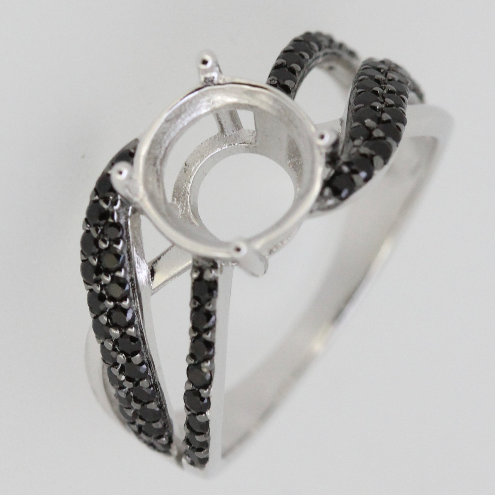 Sterling Silver Semi Mount Ring Setting Round RD 9x9mm Black Spinel