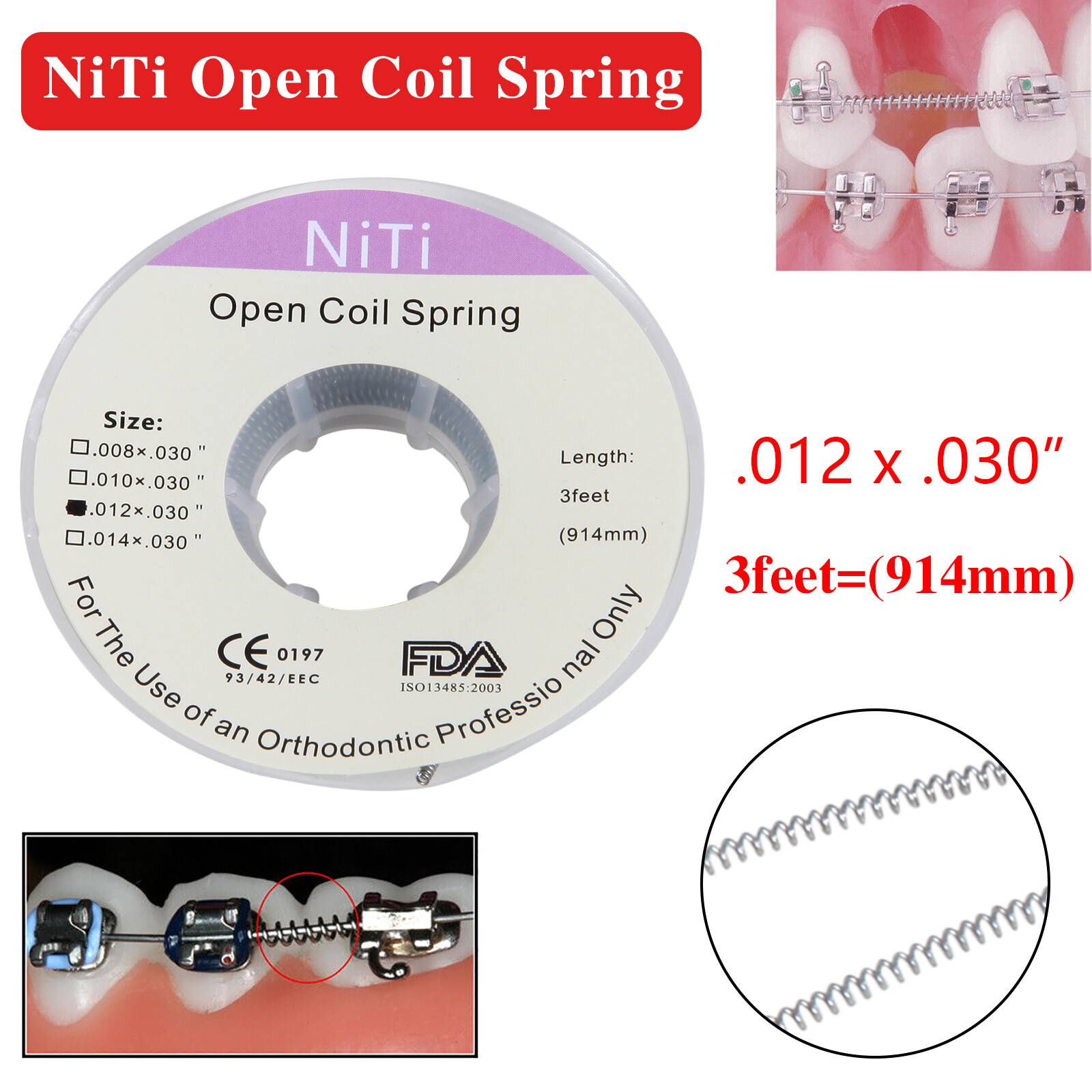 Orthodontic Niti Open Coil Spring Spool Dia.012 *030 " 914mm/3 feet Dentales