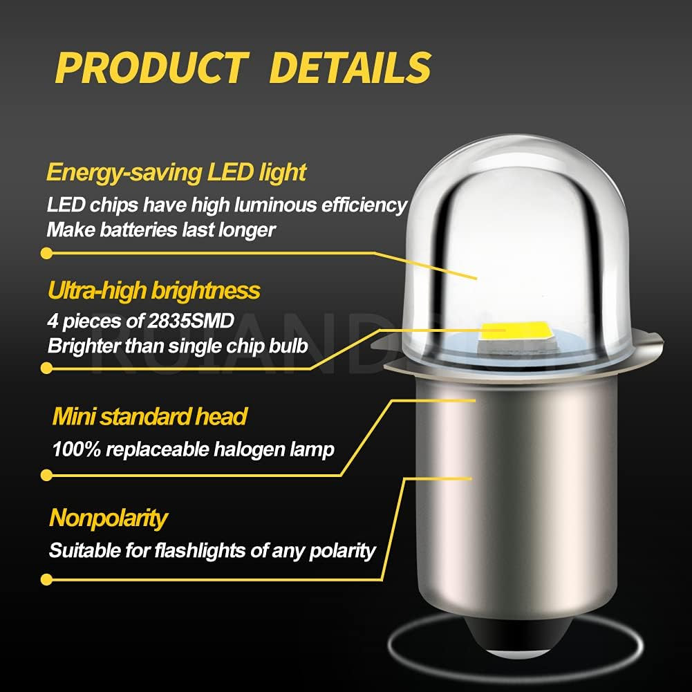 Upgrade LED Flashlight Bulb 18V P13.5S Base Socket White LED Bulbs Replacement f