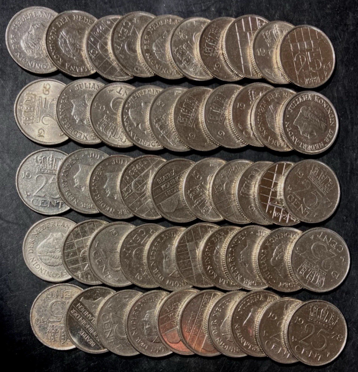 50 Old Netherlands Coin Lot -  Dutch 25 Cents- 50 Pure Nickel Coins
