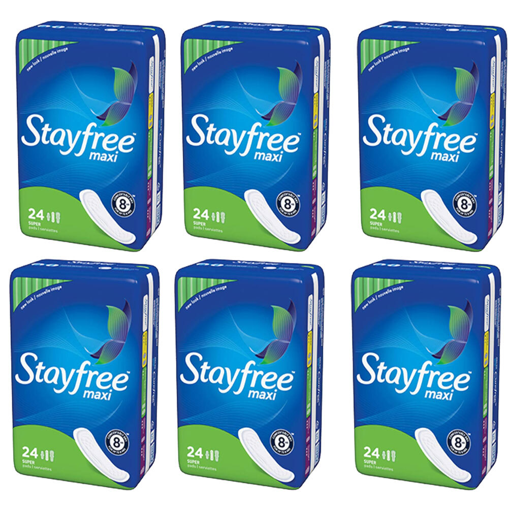 Pack of (6) New STAYFREE Maxi Pads, Super 24 ea