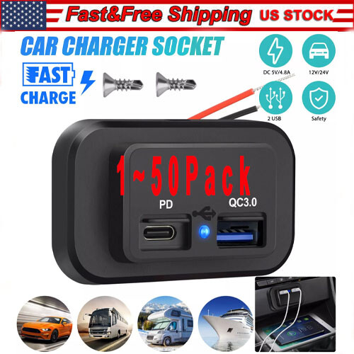 12-24V 4.8ADual USB PDQC3.0 Car Boat RV Fast Charger Socket LED Power Outlet lot
