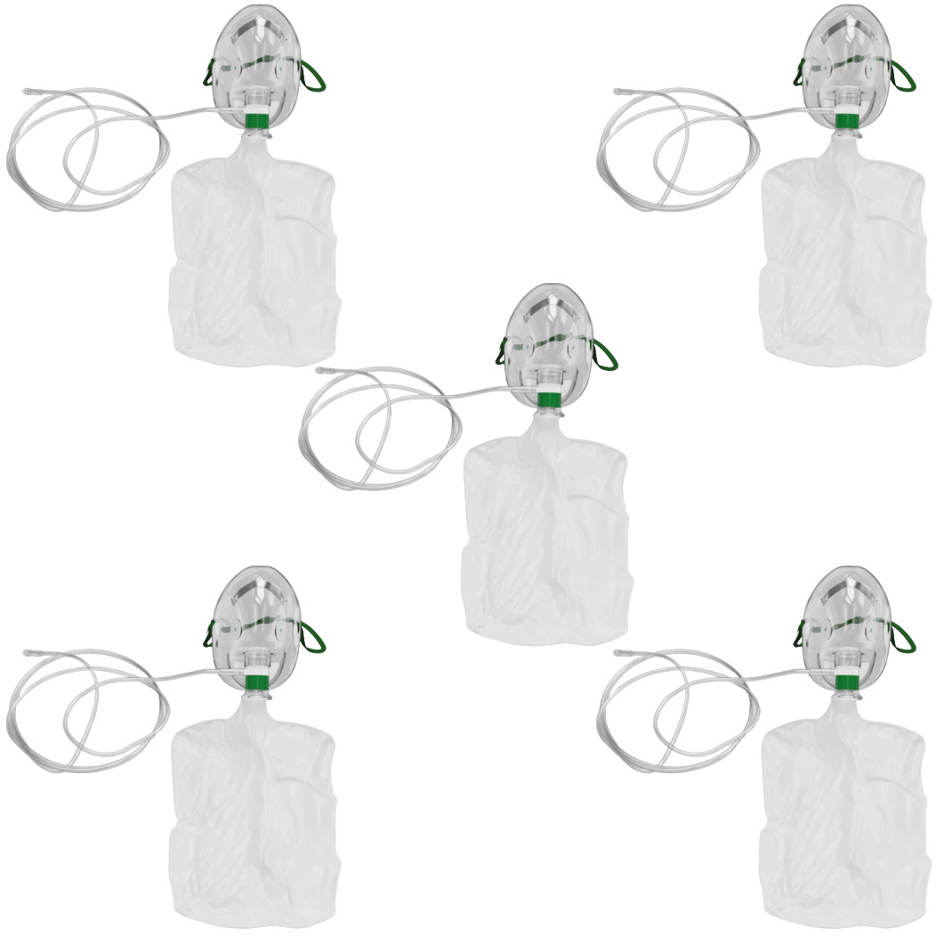 Standard Total Non-Rebreathing Adult Oxygen Masks w Bag & 7' Tubing - 5 Pack