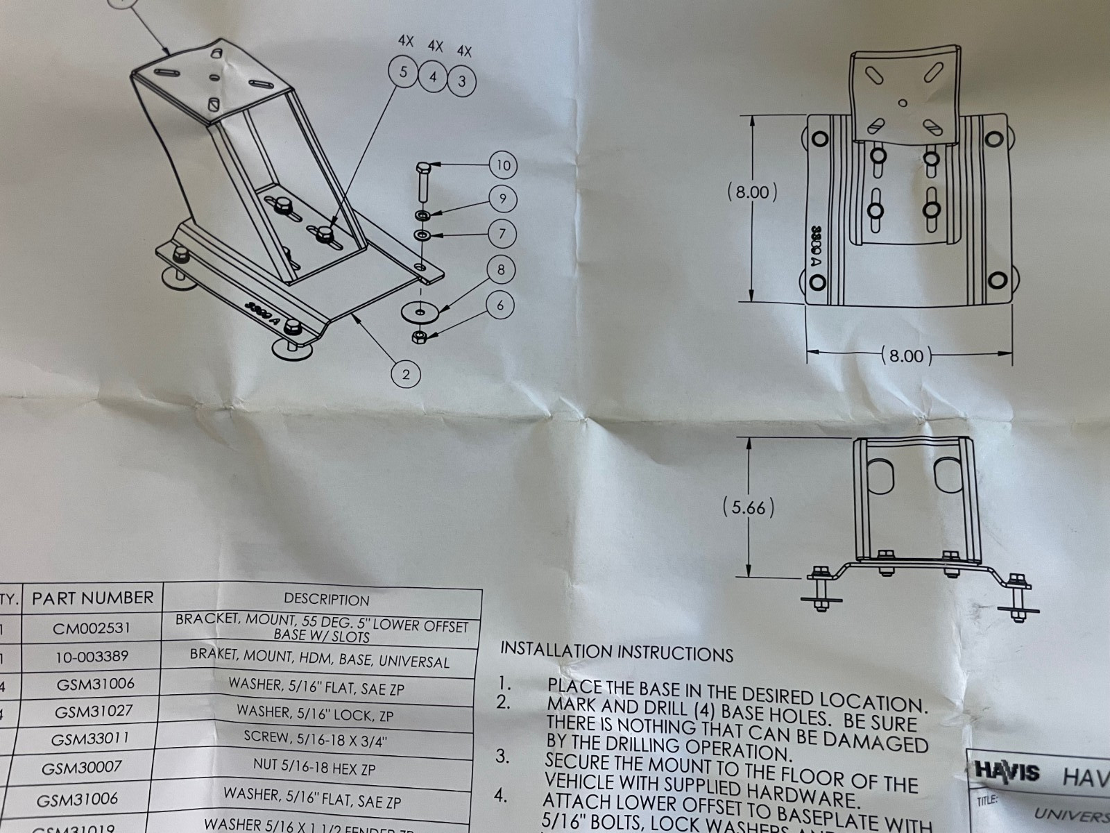 Havis C-HDM-100 Base & Bracket For Heavy-Duty Short Adapter Plate Mount