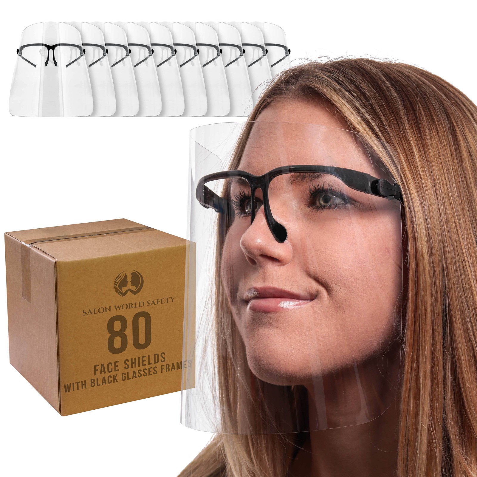 Salon World Safety Black Face Shields with Glasses Frames (80 Pack) - Anti-Fog