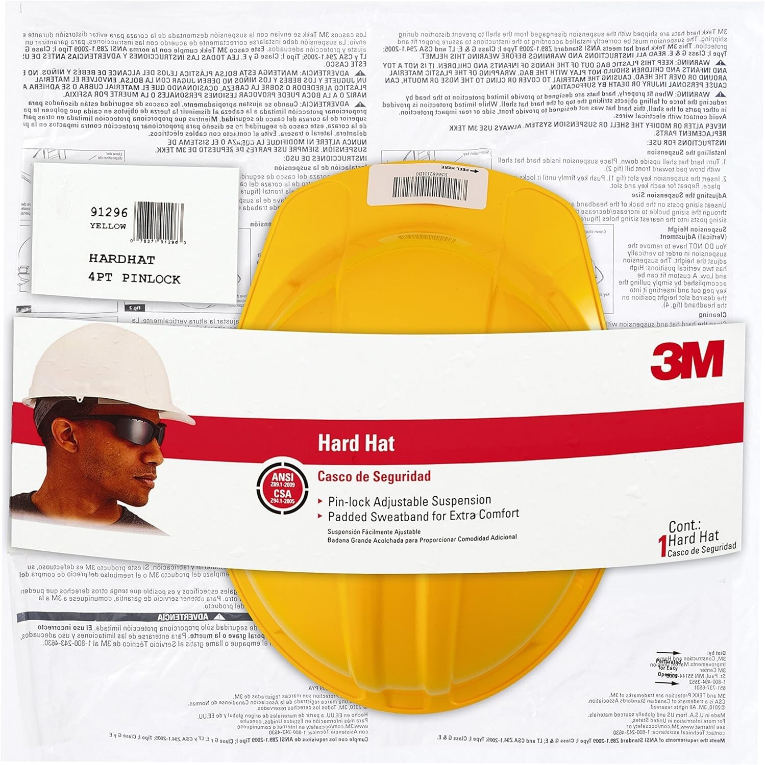 3M Hard Hat With Pin lock Adjustment Yellow 1 Pack