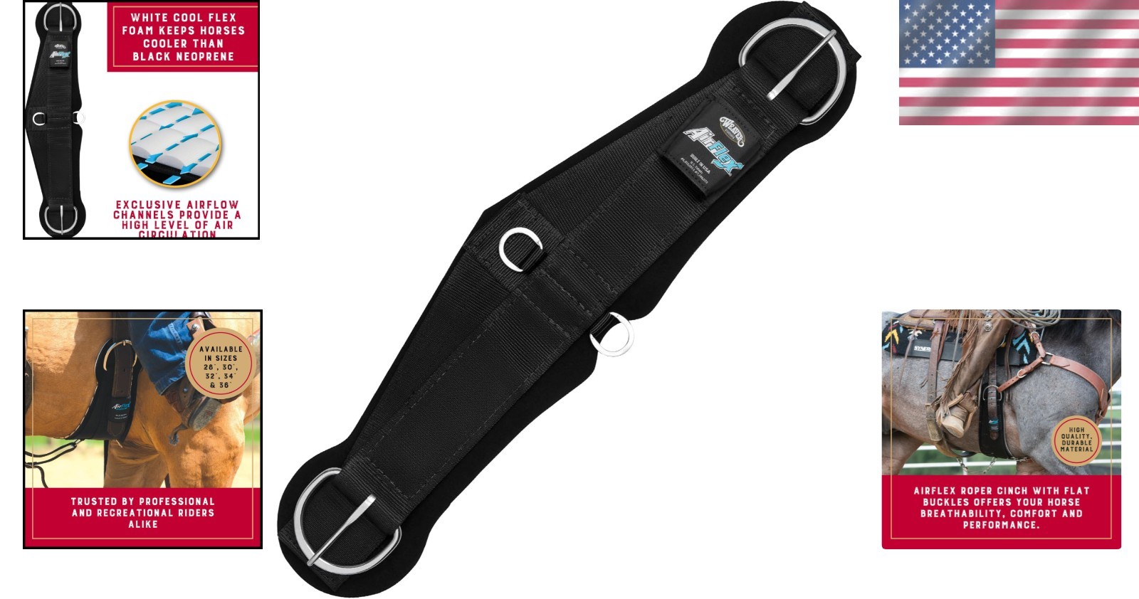 AirFlex Roper Horse Cinch, Black - Lightweight & Comfortable