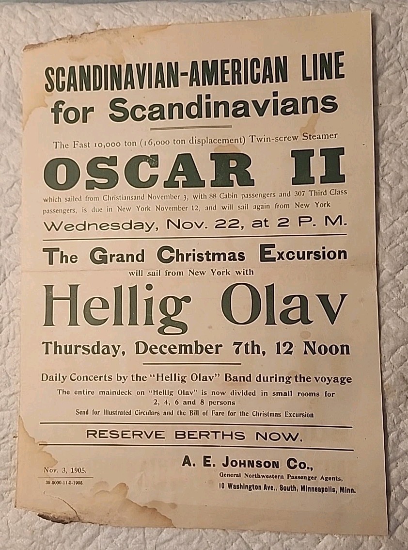 1905 Scandinavian American Line Oscar II & Hellig Olav Cruise Ship Travel Poster