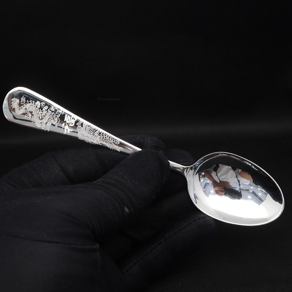 Solid 999 Fine Silver Dragon Phoenix Figure Spoon Dinnerware 29-31g 132x30mm
