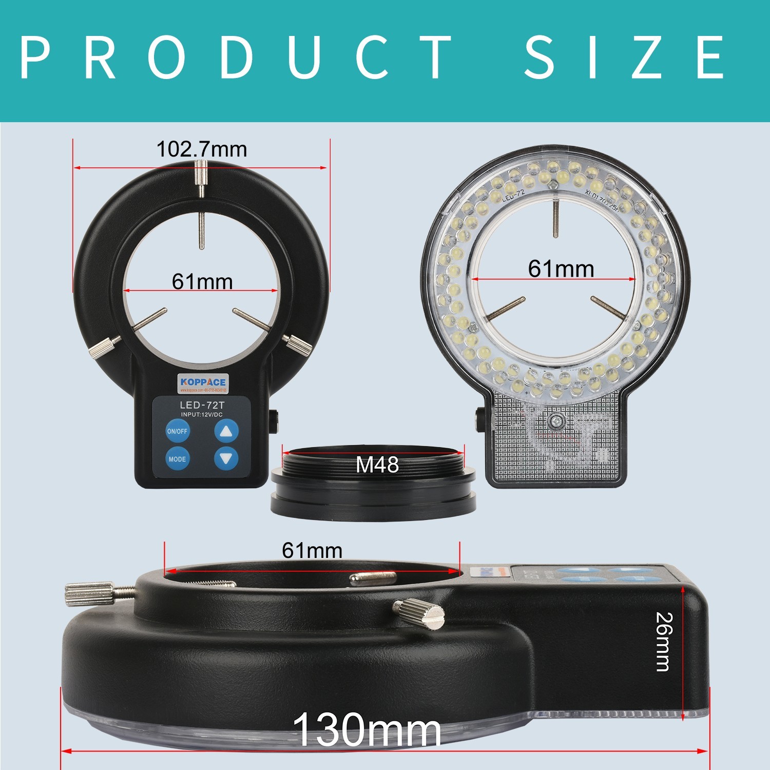 KOPPACE Microscope LED Ring Light - 61mm Adjustable, 72 Bead Light Source
