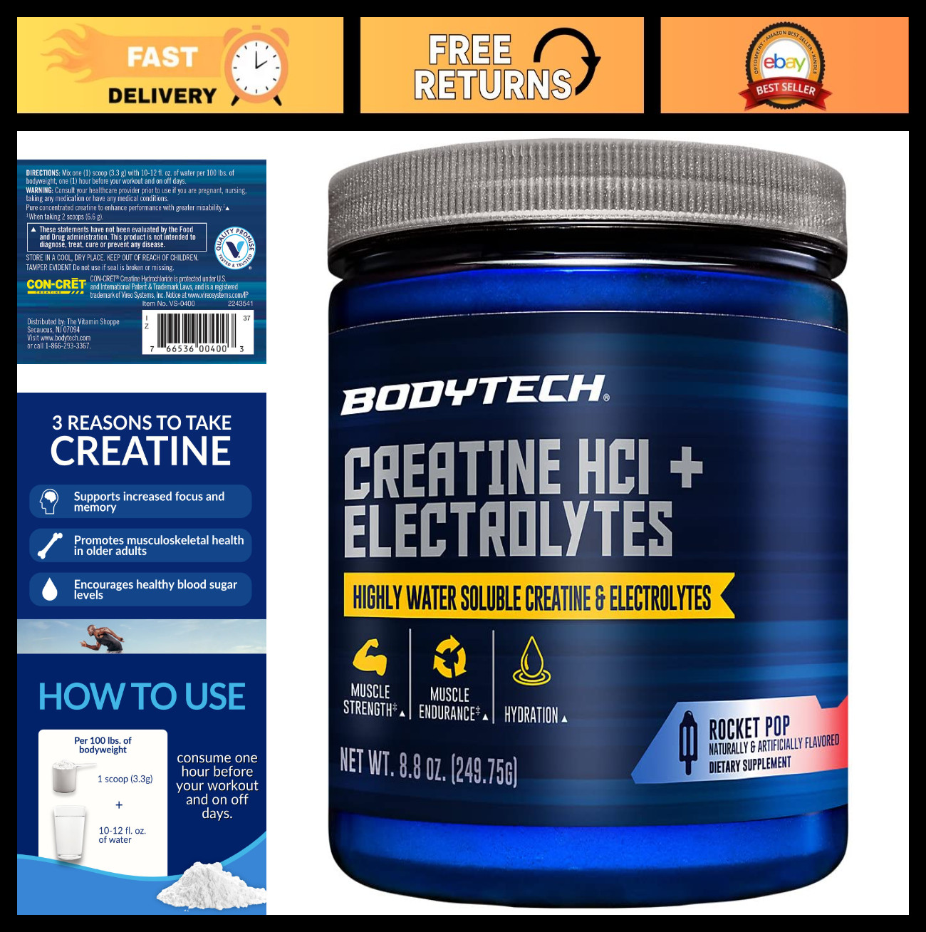 Creatine HCl + Electrolytes Powder - Rocket Pop Flavor, 75 Servings, Muscle Reco