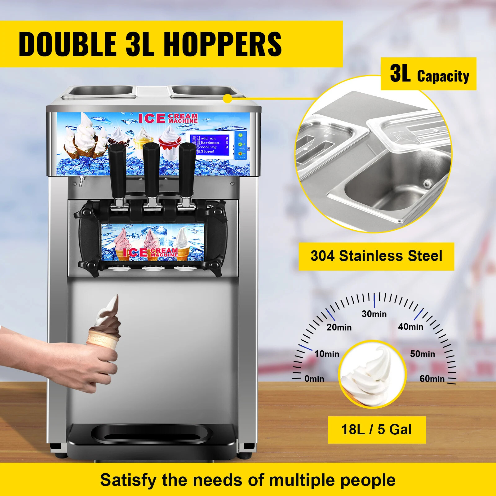 SIHAO 1200W Commercial Ice Cream Machine Countertop Soft Serve Maker Tool 18L/H