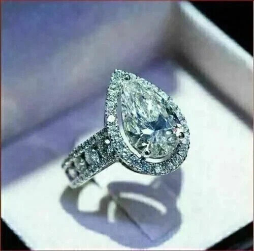Halo 2 Ct Moissanite 14k White Gold Plated Attractive Engagement Pear Cut Ring