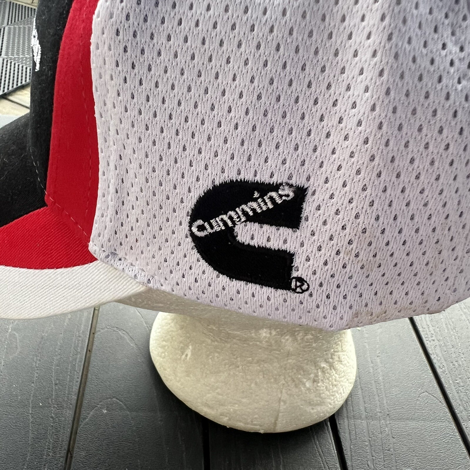 Cummins Onan White Hat Cap w Red and Black Accents Hook Loop Side Cummins Logo