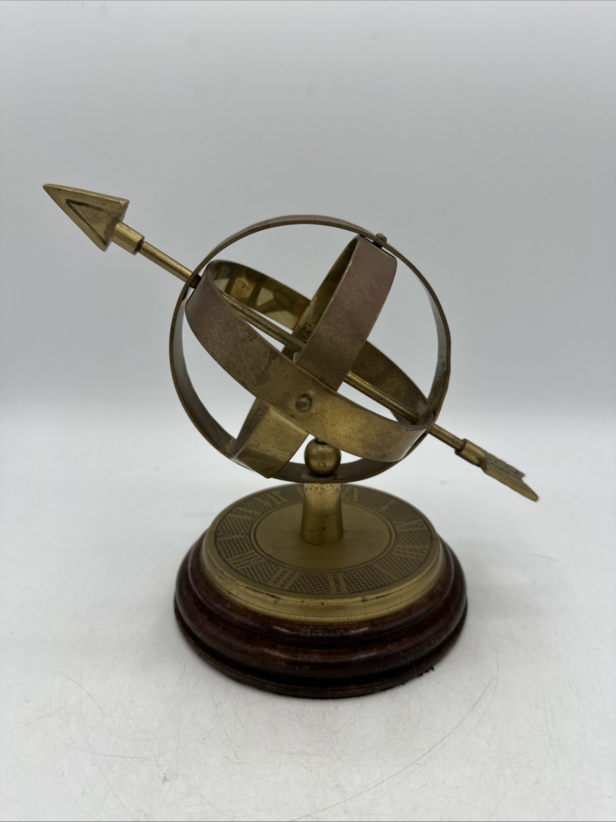 Vintage Brass Arrow Globe Armillary Sphere Nautical Desk Office Wood Base 6.5”