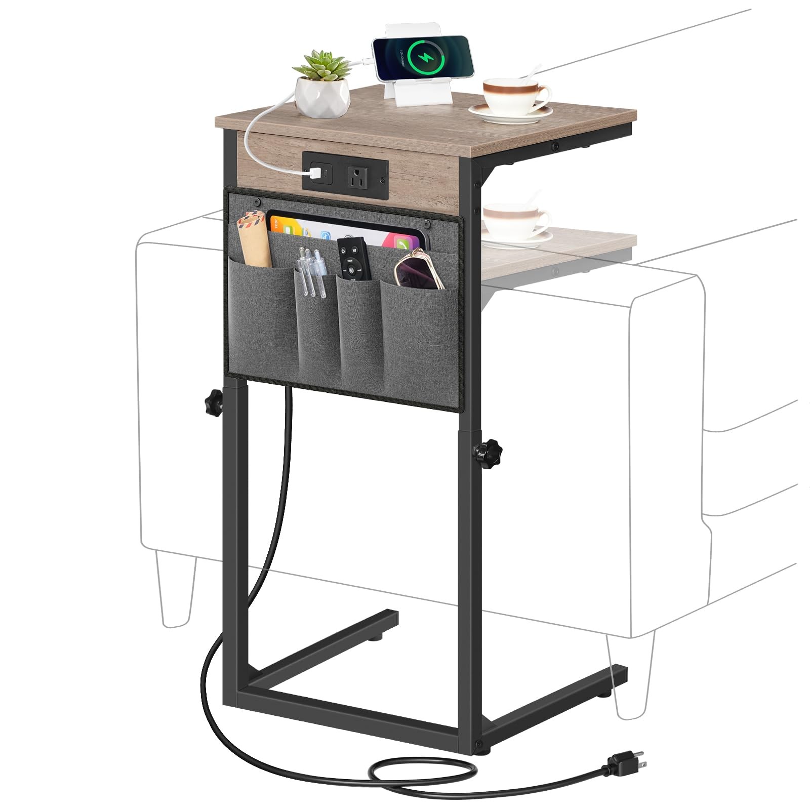 Greige C Shaped End Table Charging Station 30 In Adjustable Sofa BG77USF01