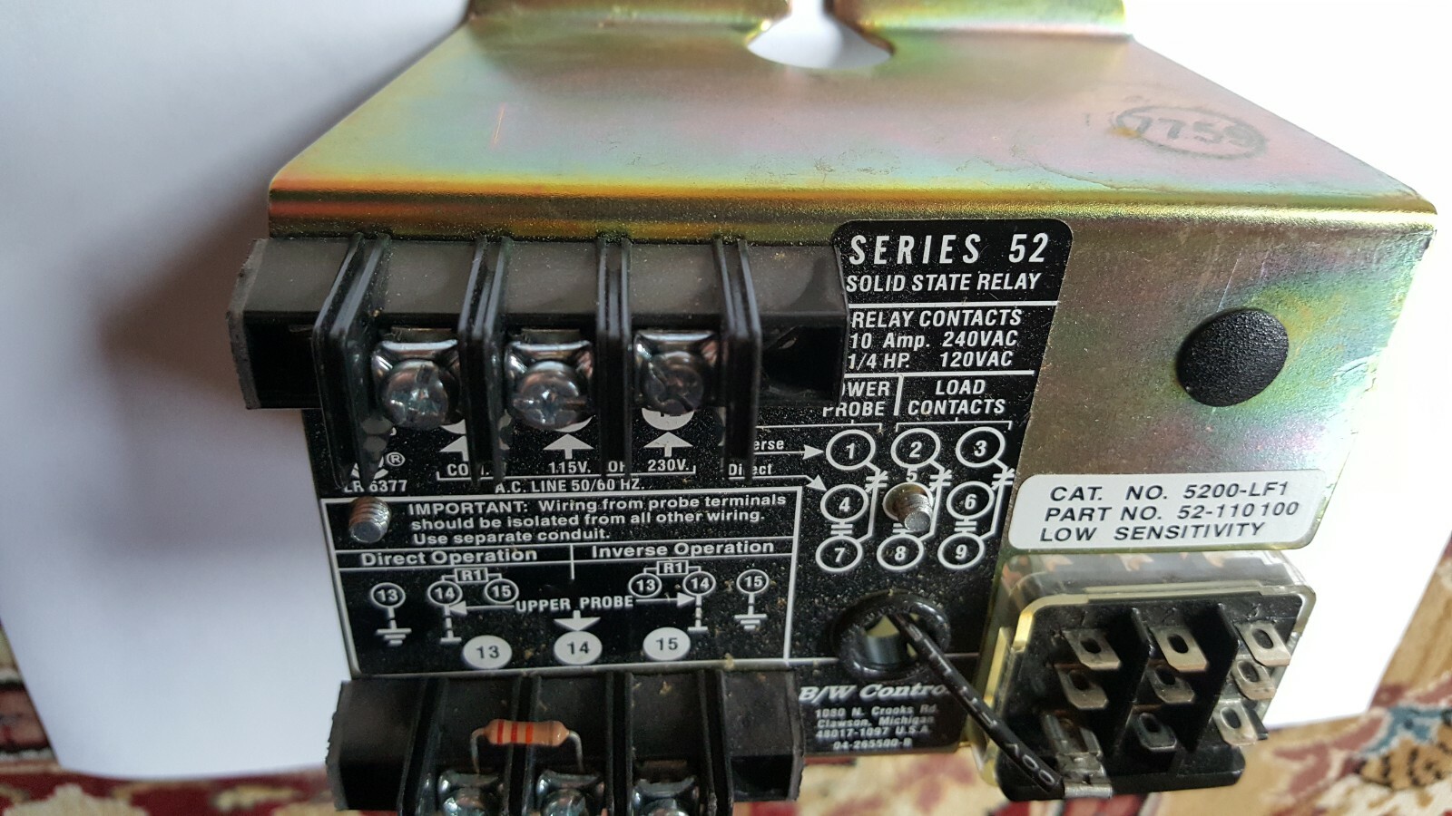B/W CONTROLS SERIES SOLID STATE RELAY CAT NO. 5200-LF1 Part No. 52-110 100