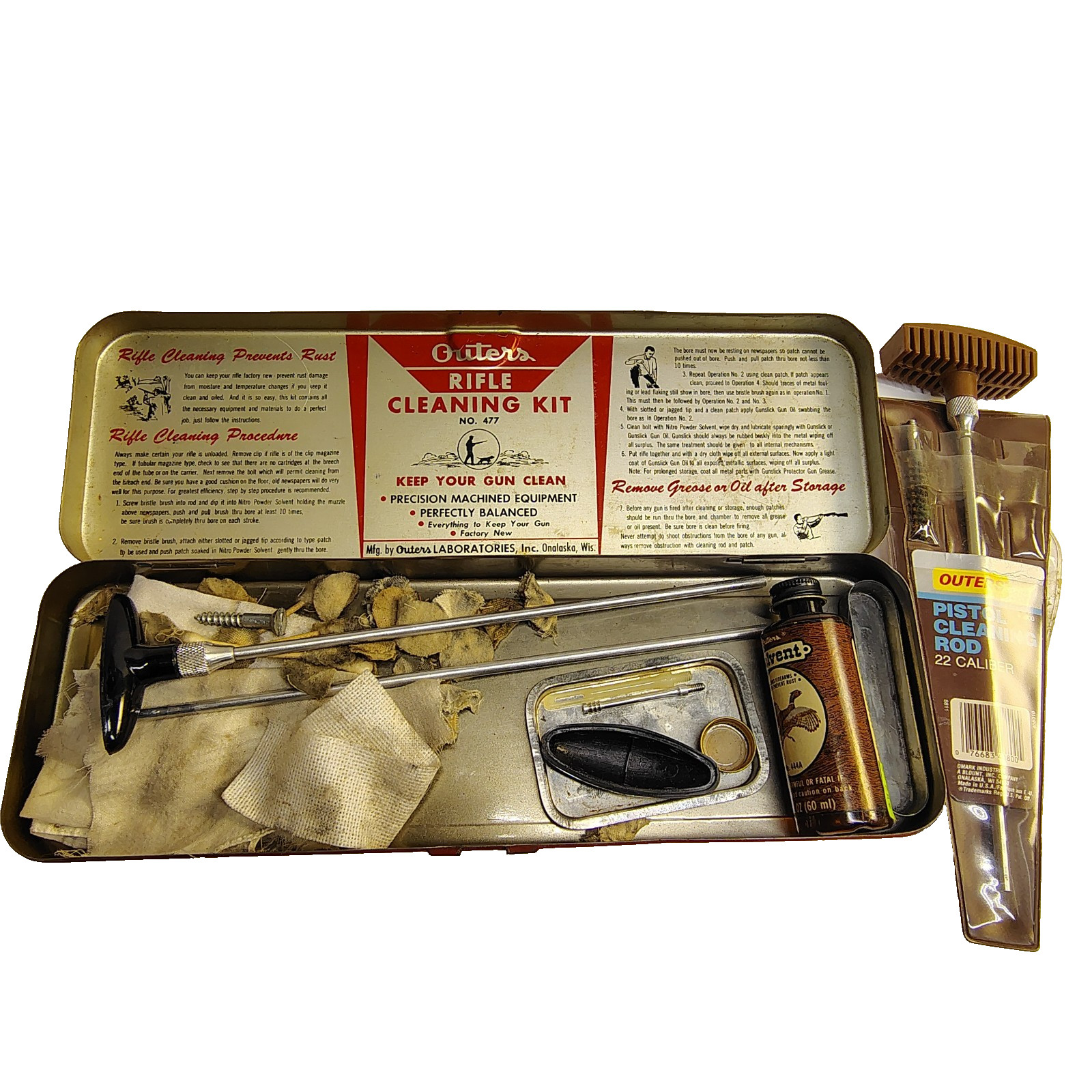 Outers Rifle Gun Cleaning Kit Red Box Rod Set Oil Patch Cloth plus extras