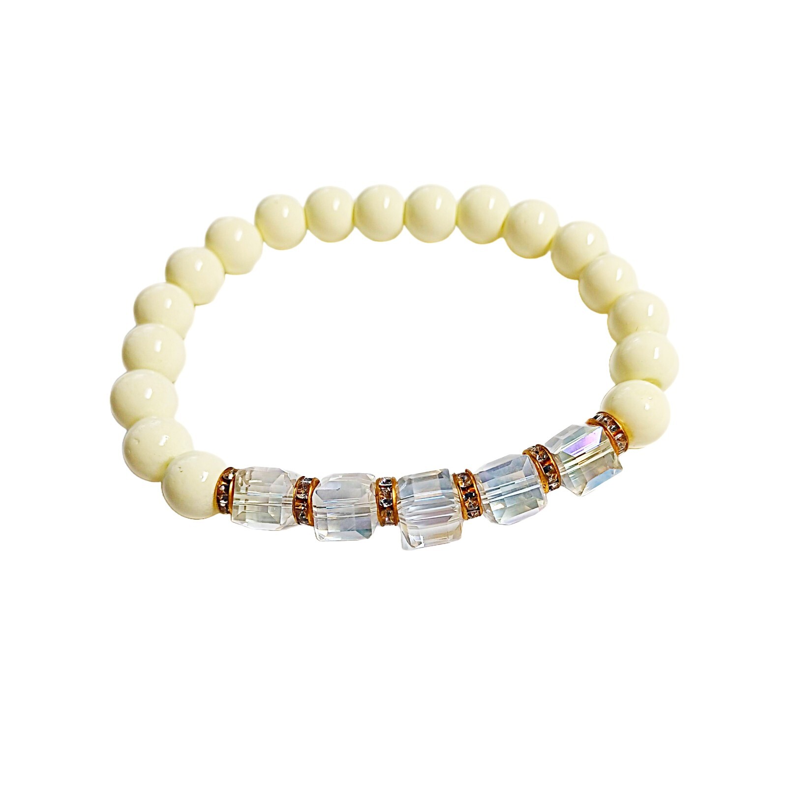 Cream-Colored and Clear Multi-Faceted Beaded Bracelet-7.5 inch Stretchy