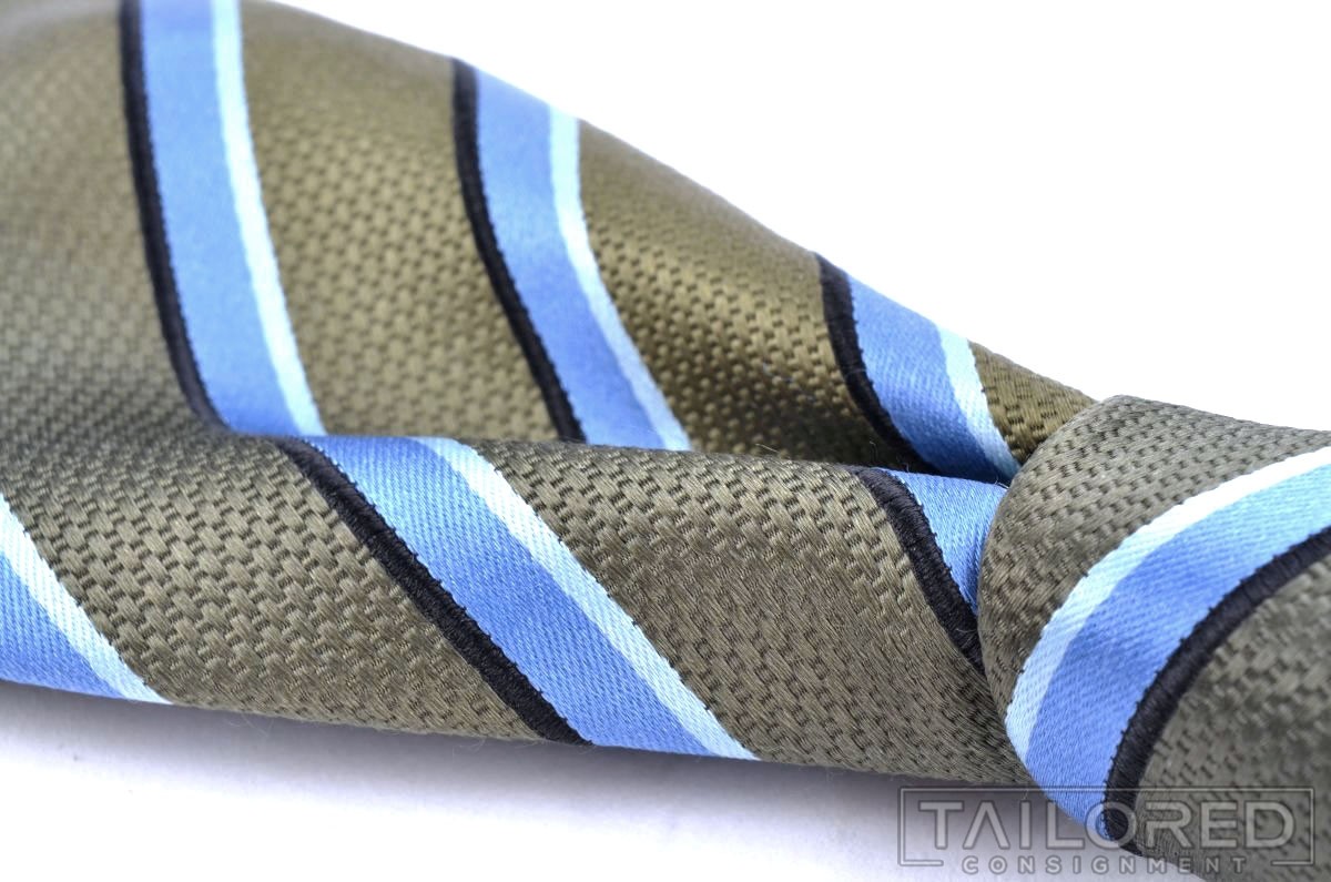 BRIONI Green Woven Blue Striped 100% Silk Mens Luxury Tie - 3.50"