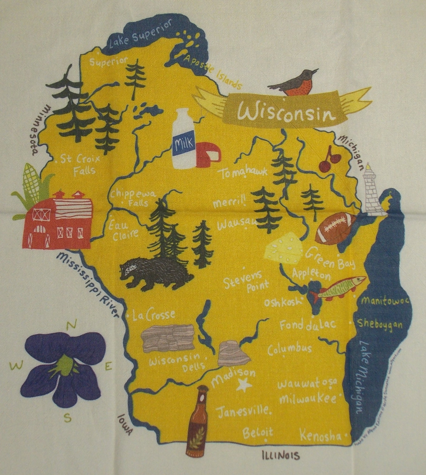 Allport Editions Wisconsin State Kitchen Towel 100% Cotton 17x36 Gag Gift Cheese