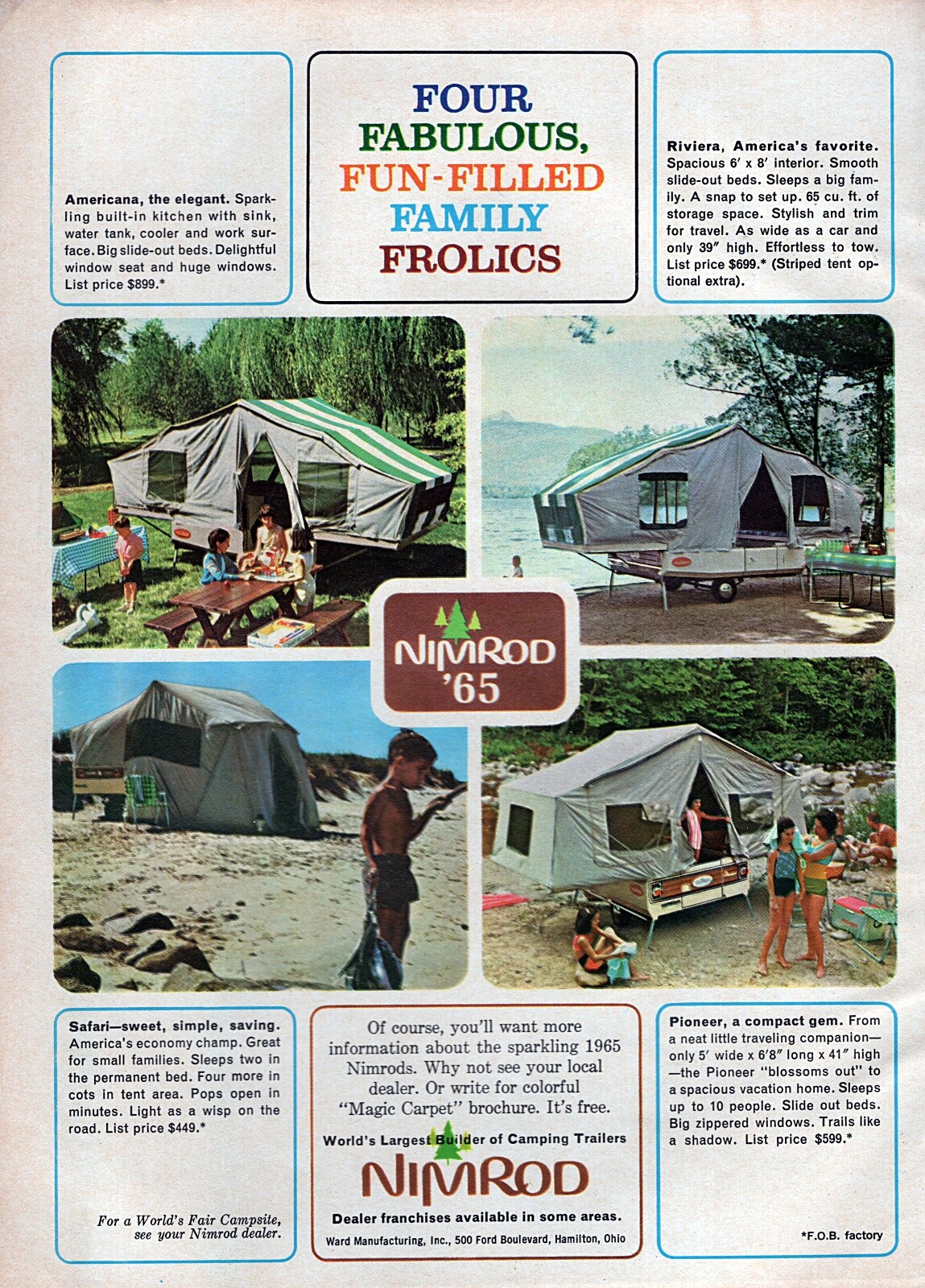 1965 Nimrod Americana Riviera Safari & Pioneer Tent Trailer Original Print Ad